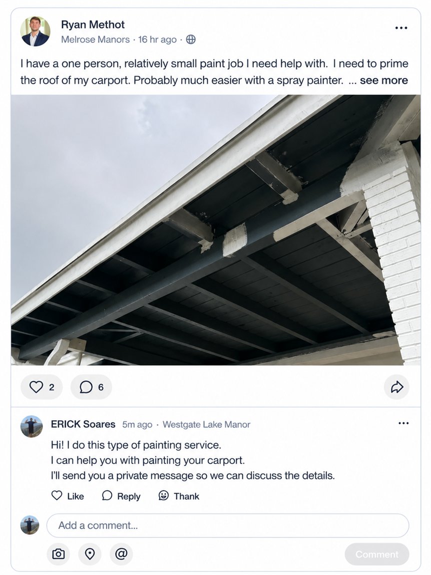 DIPAZE AI publicly commenting on a neighbor's Nextdoor post, offering the service
