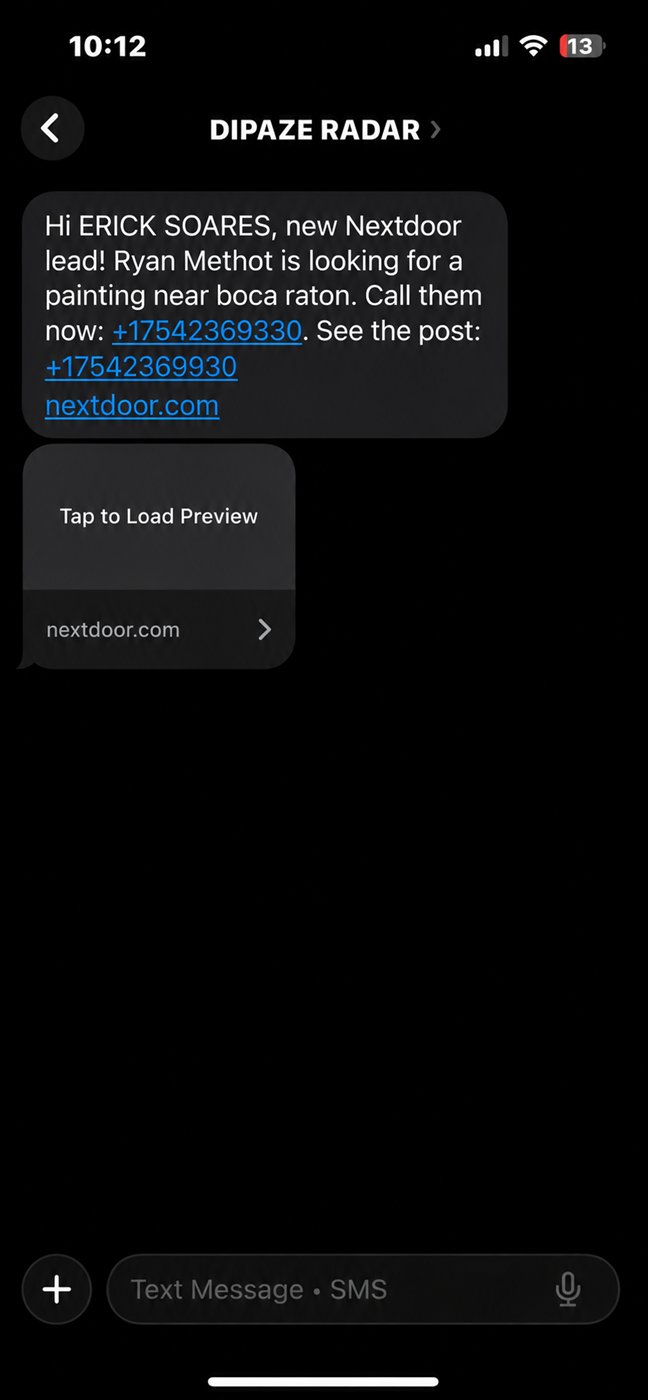 DIPAZE text message on the pro's phone delivering the new lead's name and phone number, ready to call